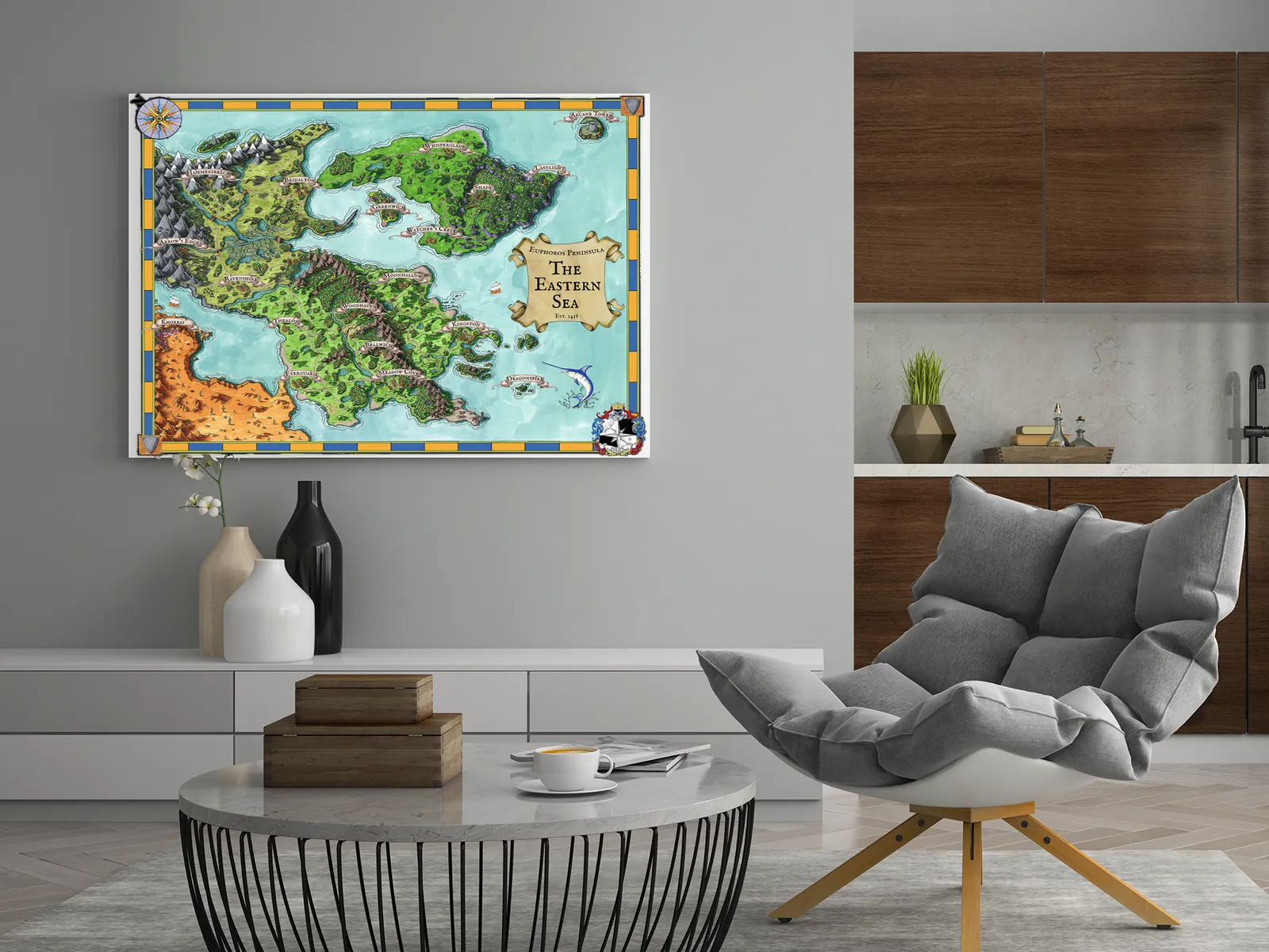 Colorful coastlines and cities on Euphoros regional gallery canvas map