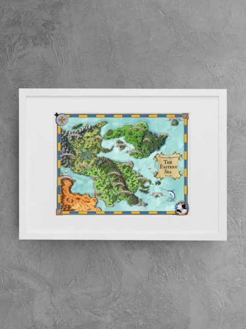 Fantasy world geography rendered on archival canvas