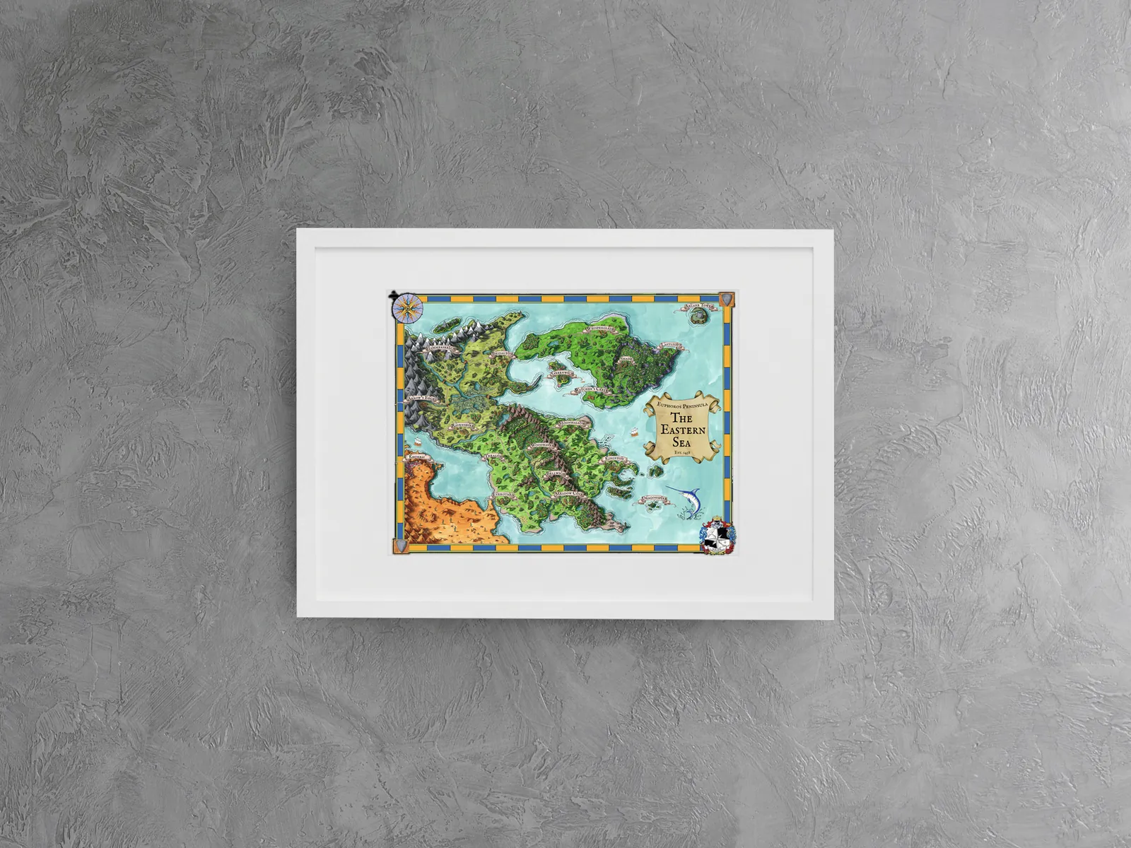 Fantasy world geography rendered on archival canvas