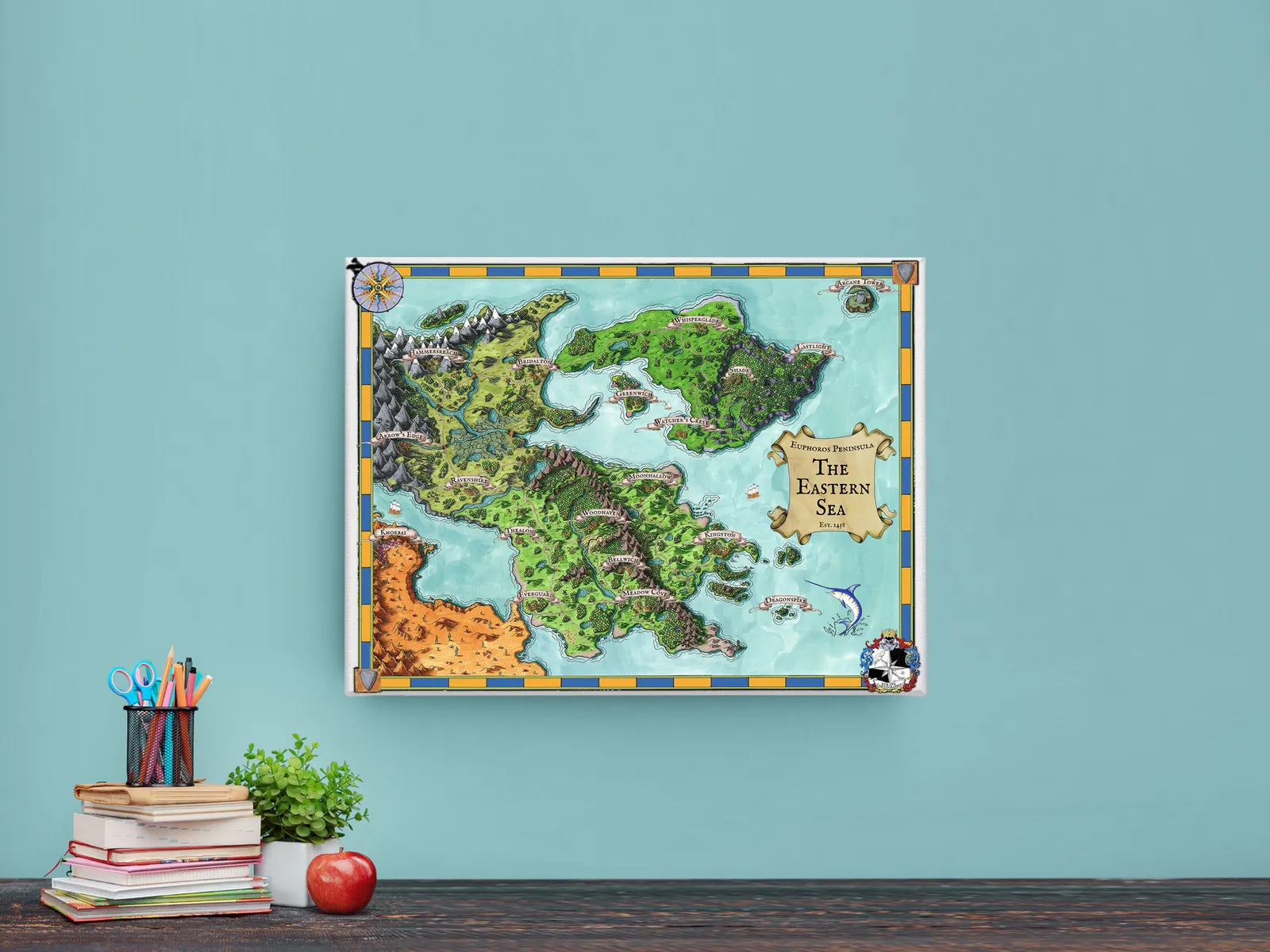 Peninsulas and ports arranged around a central sea