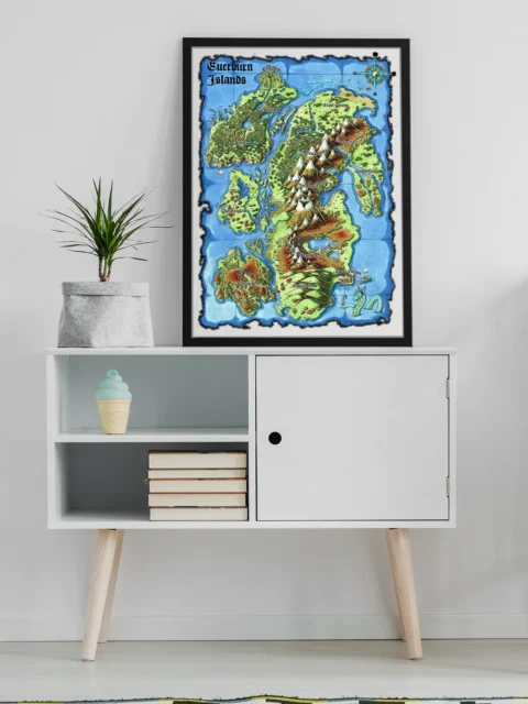 Fantasy archipelago illustrated on textured canvas