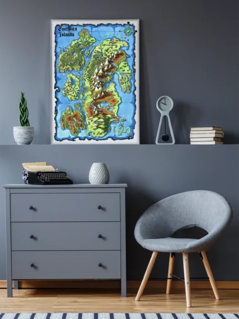 Volcanic ridges and waterways on an island chain map