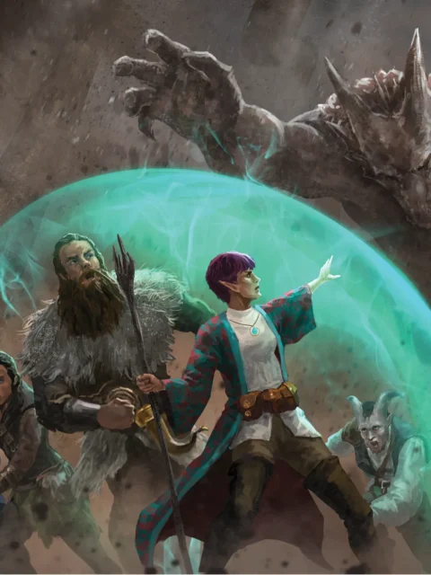 Falling fantasy canvas artwork with heroes beneath a glowing ward