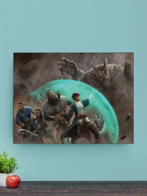 Adventurers bracing together as debris drops through dust