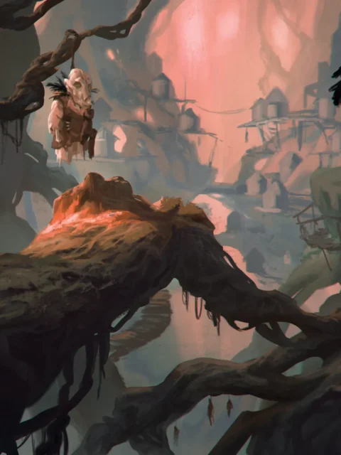 Forest Goblins fantasy canvas artwork showing figures perched among twisted roots