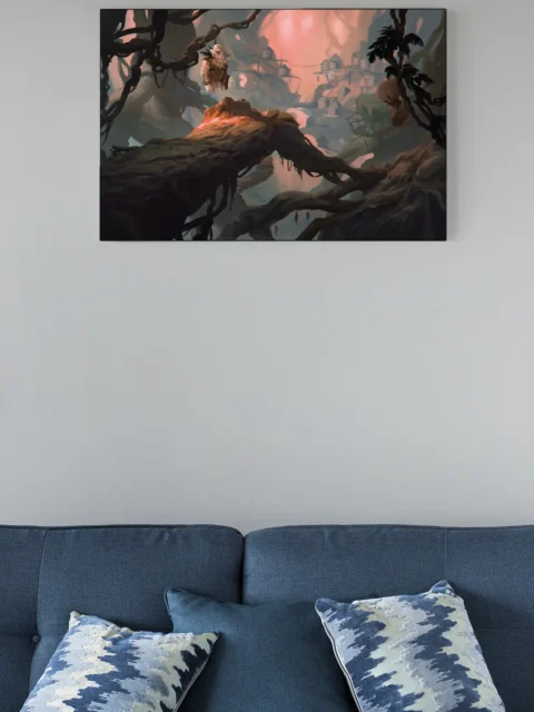 Forest Goblins fantasy canvas artwork with layered ravine depth and hanging branches