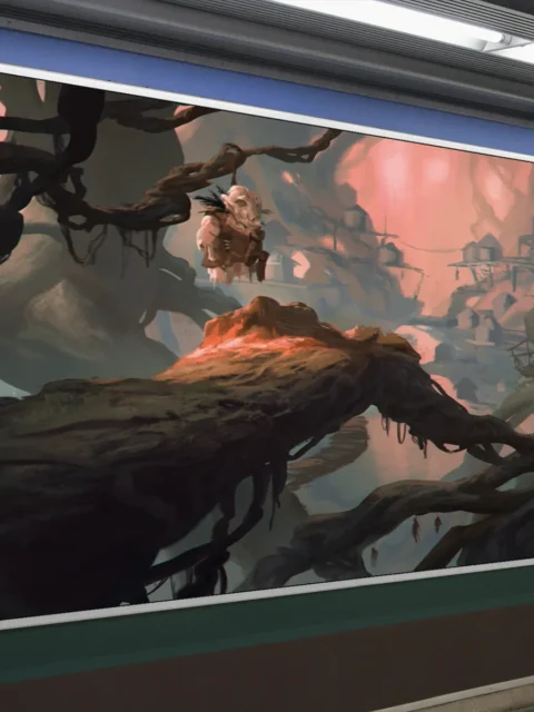 Pale figures clinging to branches above wooden walkways