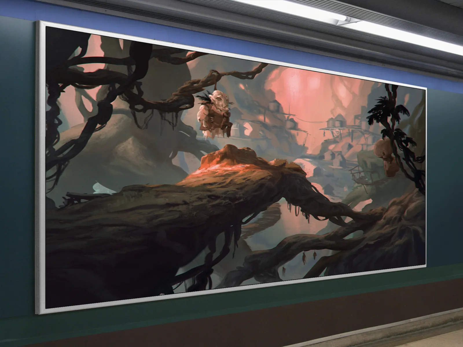 Pale figures clinging to branches above wooden walkways