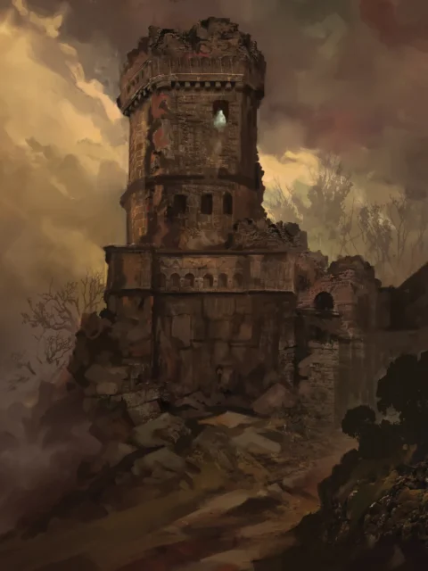 haunted tower art, atmospheric fantasy scene, ruined watchtower illustration, dark fantasy landscape