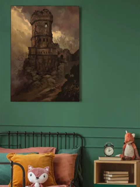 Ghosts fantasy canvas artwork with a lone tower and faint interior glow