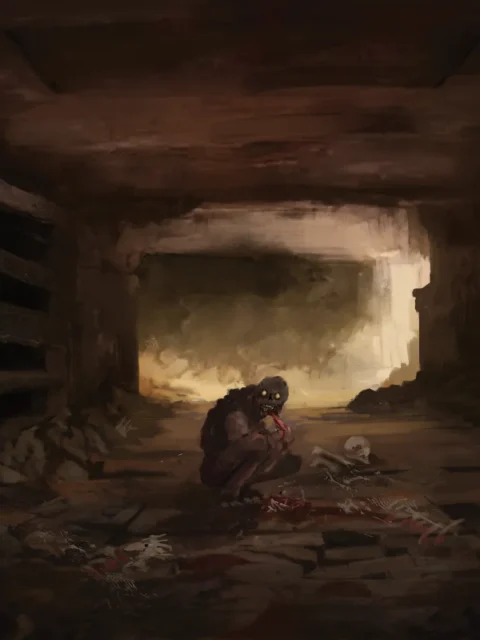 Ghouls fantasy canvas artwork showing a creature crouched in a stone tunnel