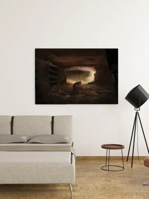 Ghouls fantasy canvas artwork with a lone figure surrounded by bones and shadow
