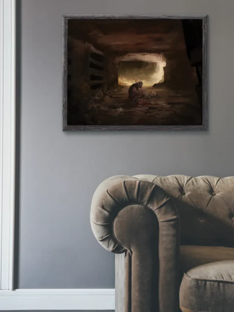 Crouched creature in a ruined passage with scattered remains