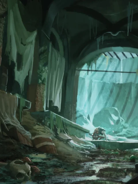 Gutter Gnolls fantasy canvas artwork showing gnolls in a flooded corridor