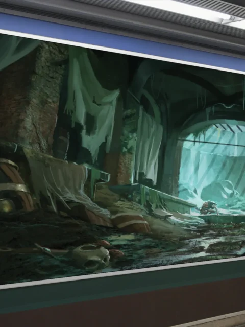 Flooded underground passage with broken stone and hanging fabric