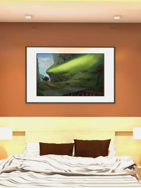 Hill Goblins fantasy canvas artwork depicting pursuit above a narrow road