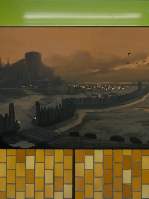 Silhouetted figures along wooden barricades