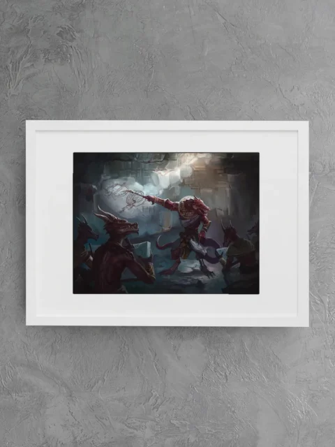 Reptilian warriors gathered inside a stone chamber