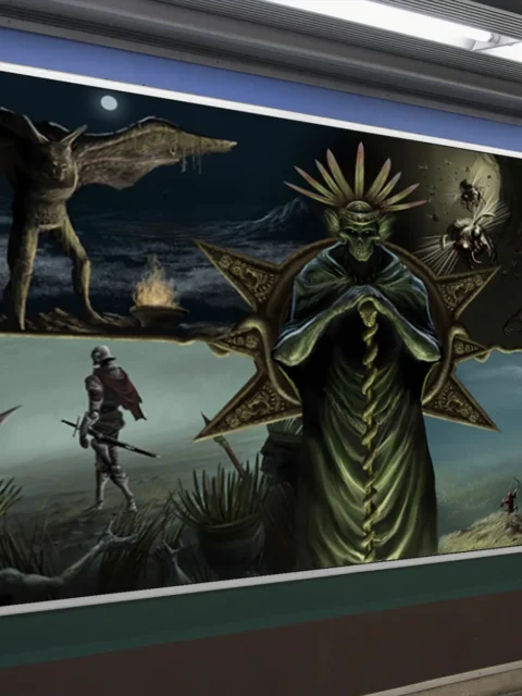 Explorers approaching a shadowed ruin