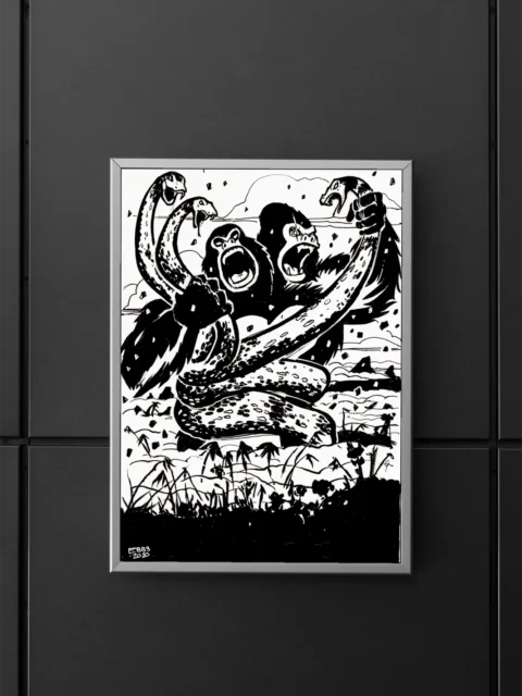 Ink illustration of giant apes and serpents fighting