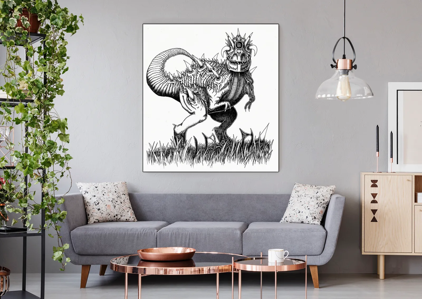 Kaiju Deadeye fantasy canvas art in stark black and white