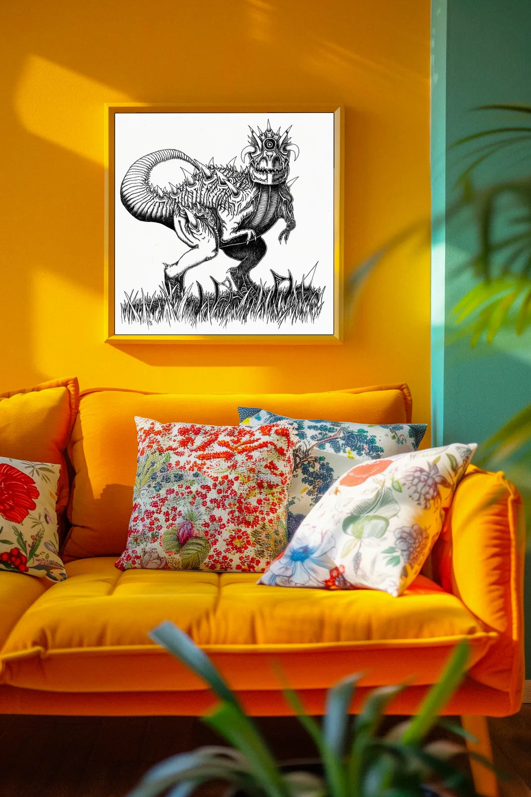 Single-eyed reptilian beast standing in tall grass