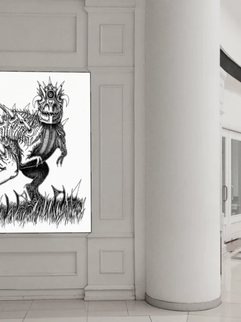 Ink drawing of a massive spiked creature