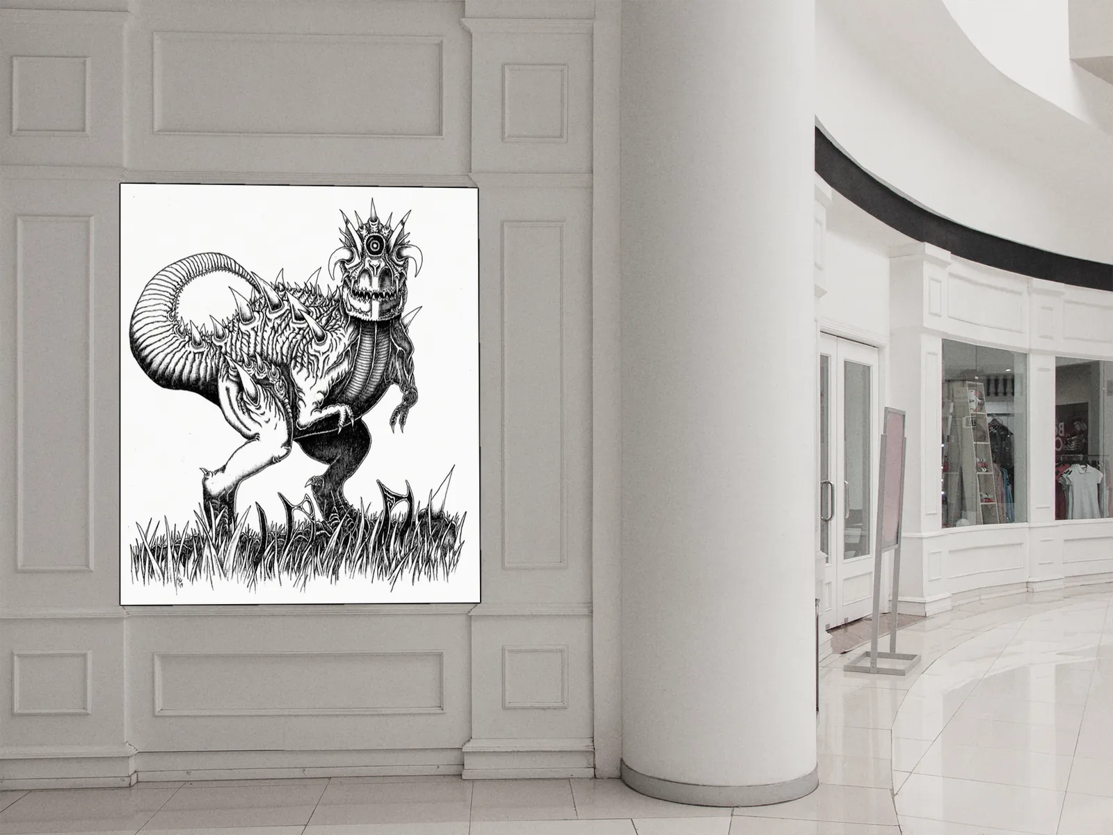 Ink drawing of a massive spiked creature