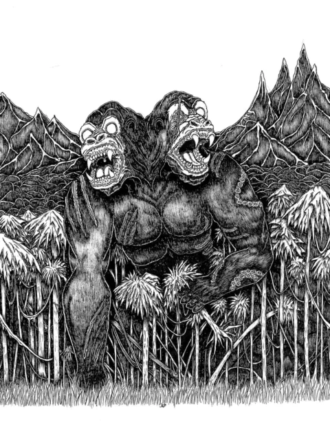 Kaiju Grulok fantasy canvas art with twin-headed kaiju
