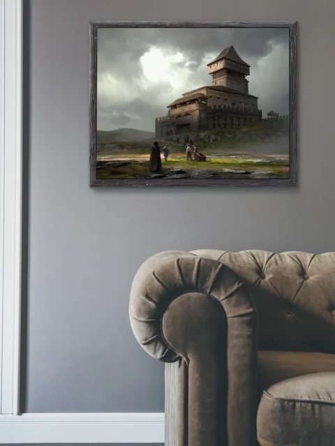 Keeps fantasy canvas artwork with wooden towers under gray sky