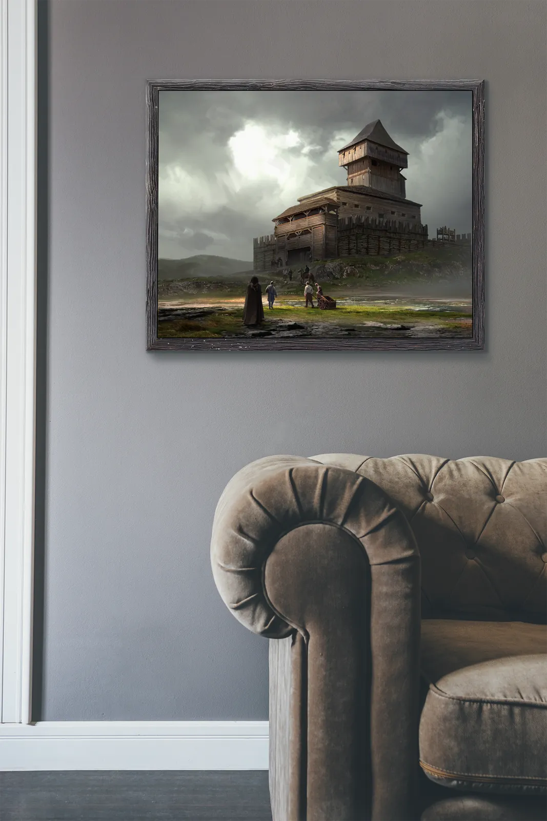 Keeps fantasy canvas artwork with wooden towers under gray sky