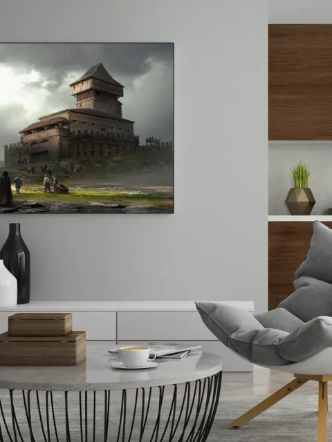 Medieval stronghold rising above open ground