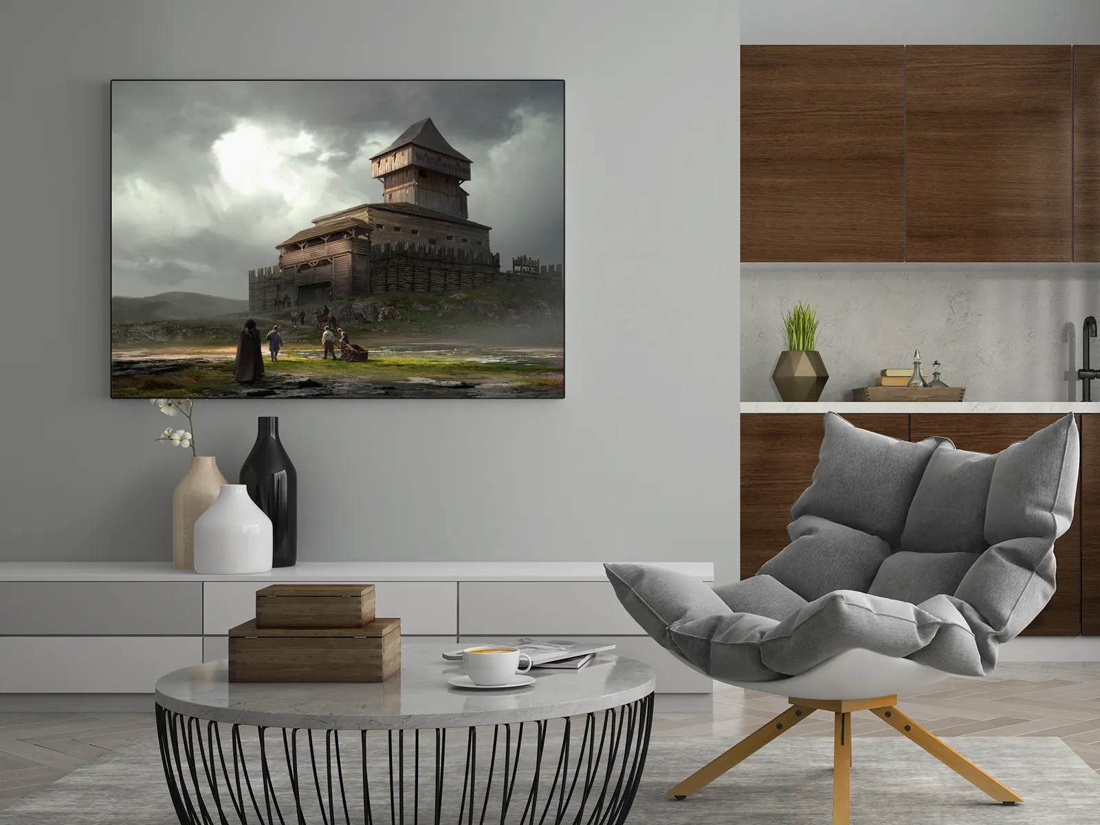 Medieval stronghold rising above open ground