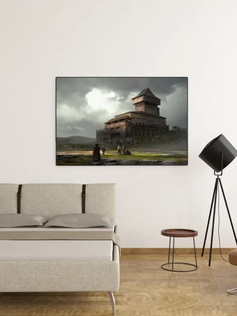 Figures approaching a guarded fortress