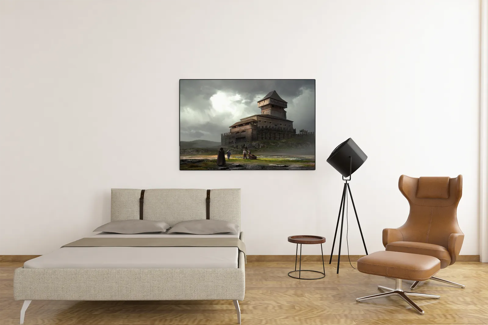 Figures approaching a guarded fortress