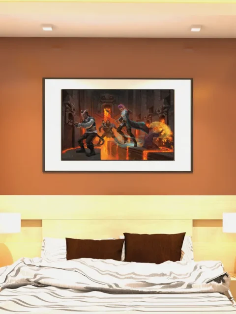 Lava fantasy art print with fighters leaping over fire