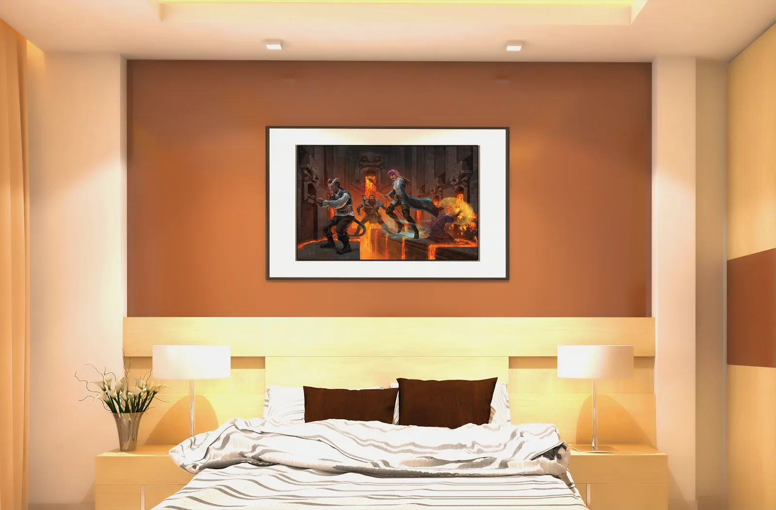 Lava fantasy art print with fighters leaping over fire