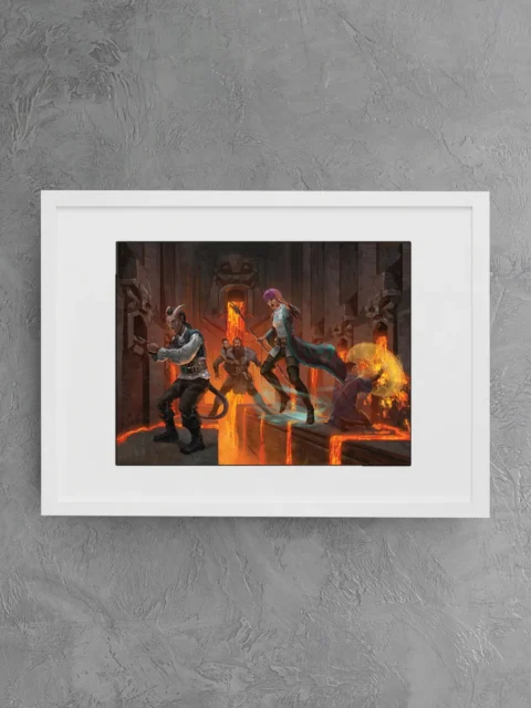 Lava fantasy art print depicting battle amid flowing magma