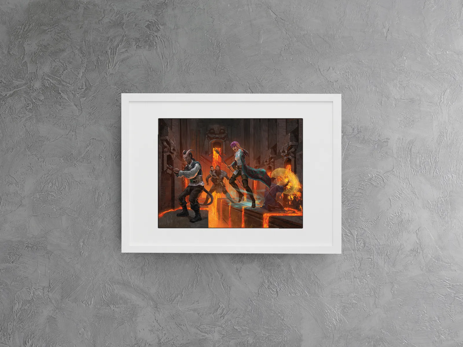 Lava fantasy art print depicting battle amid flowing magma