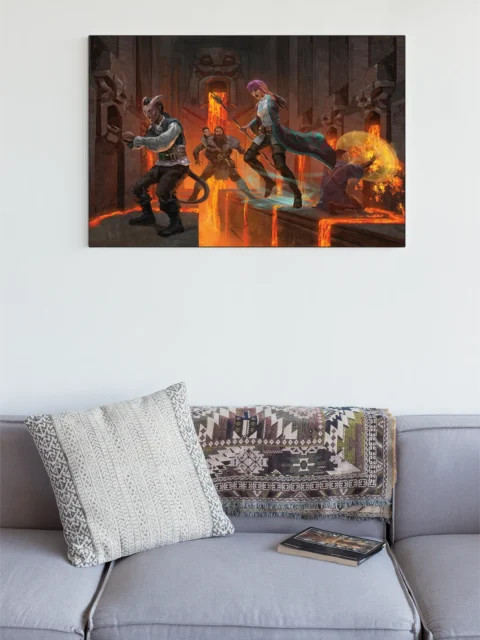 Adventurers clashing inside a burning stone chamber