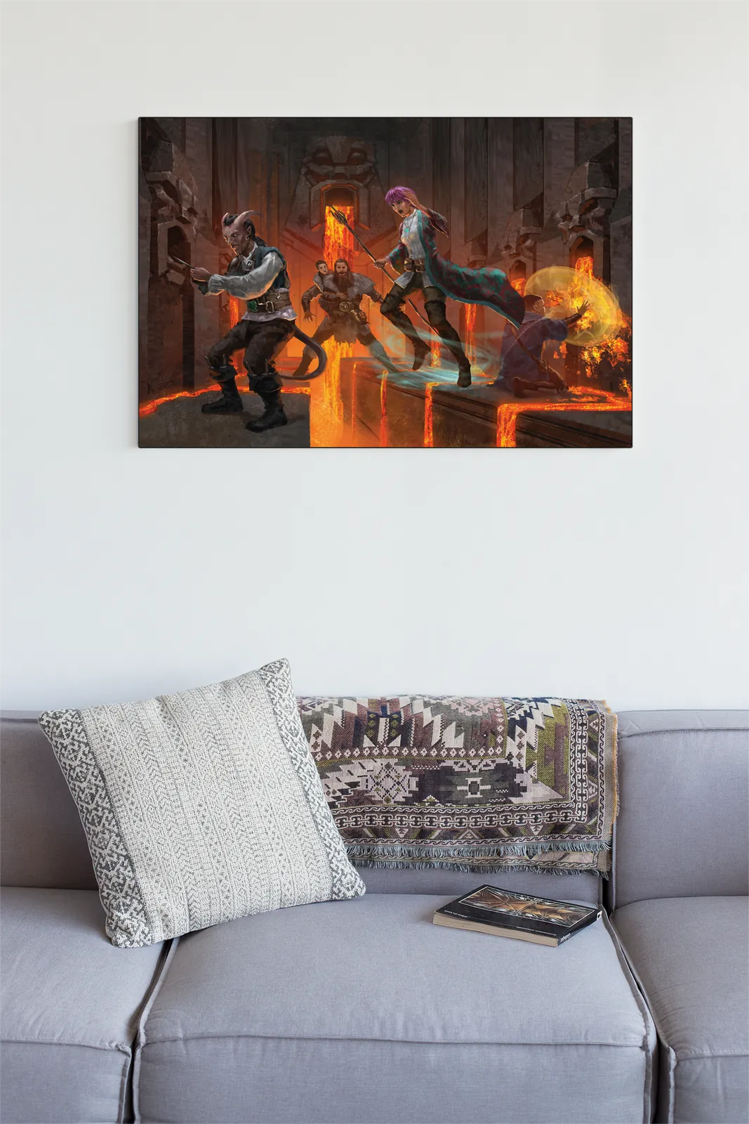 Adventurers clashing inside a burning stone chamber