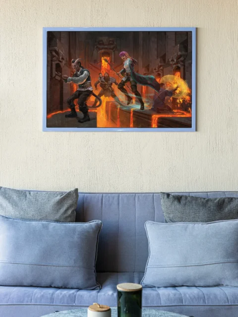 Figures balancing on cracked platforms over fire