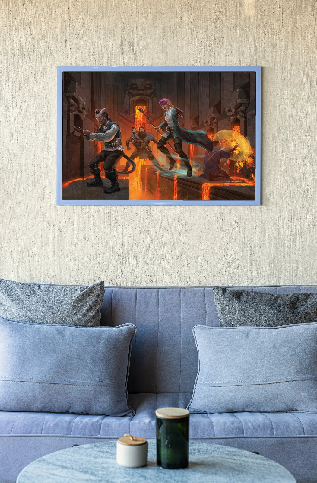 Figures balancing on cracked platforms over fire