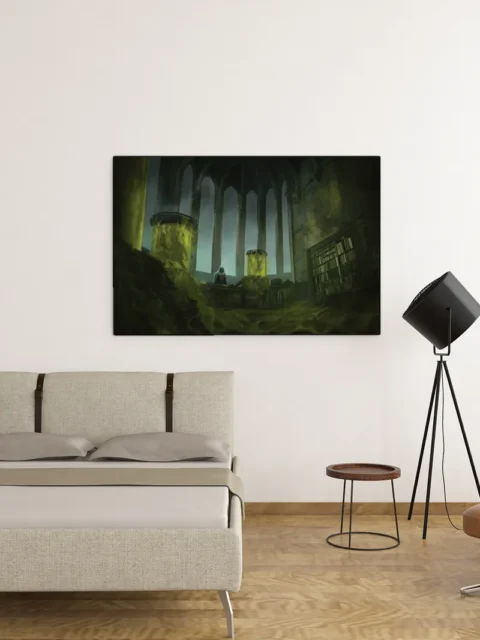 A lone figure seated within a shadowed hall