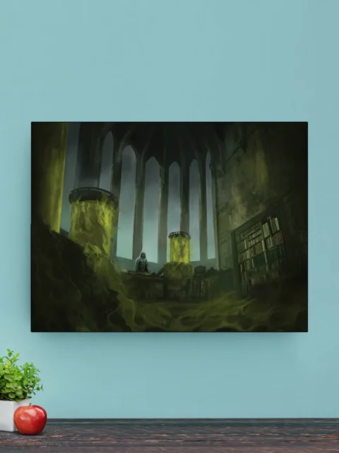 Green vapors rising among stone pillars