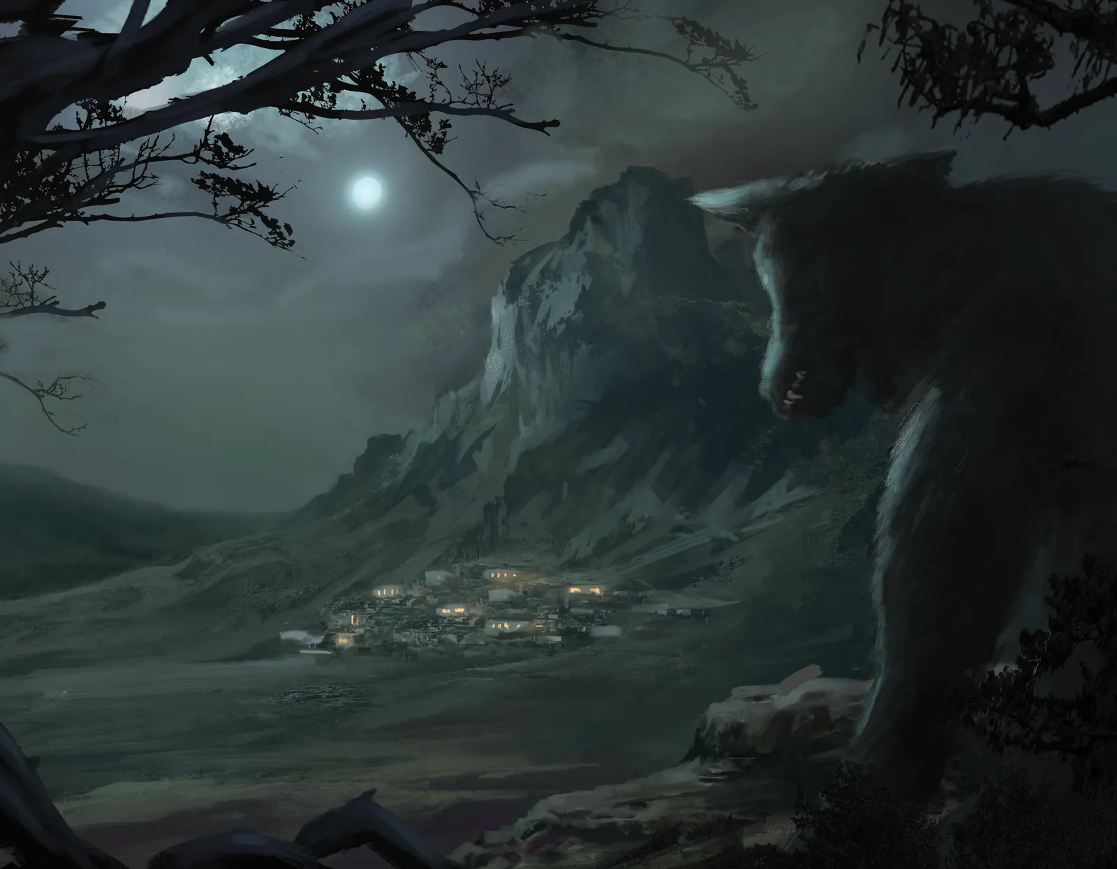 Lycanthropes fantasy canvas artwork showing a moonlit valley