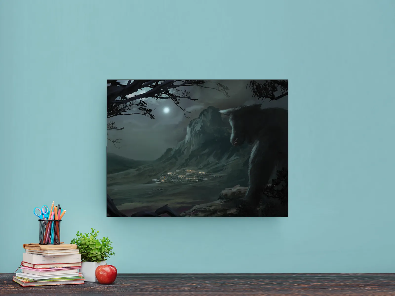 Lycanthropes fantasy canvas artwork with a looming figure above lights