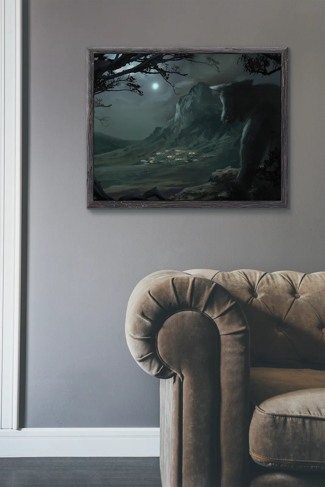 Lycanthropes fantasy canvas artwork depicting danger over a settlement