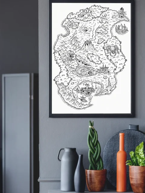 Map Escape from Skullcano Island fantasy wall art with monster regions