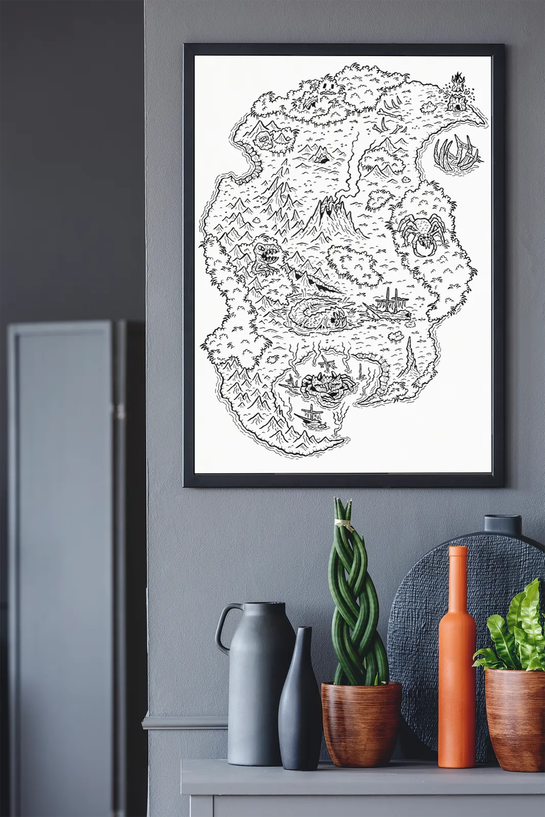 Map Escape from Skullcano Island fantasy wall art with monster regions